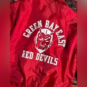 Vintage 80’s red & white Green Bay East High School "Red Devils" varsity jacket.